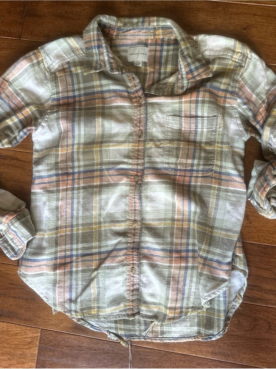 American Eagle Outfitters Tops - American Eagle Women’s Distressed Flannel Plaid Small Plaid Blue Green Grunge